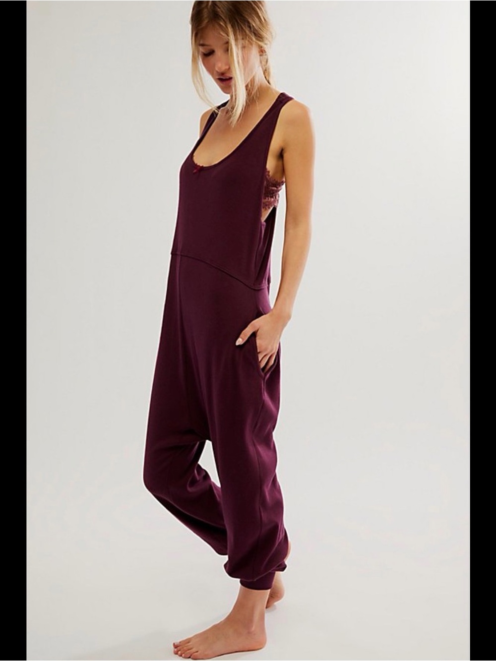 Free People Downtime Wine/Burgundy Ribbed Jumpsuit